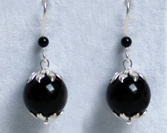 Handmade 'Orb' Black Onyx and sterling silver earrings. Fish hook ear wires for pierced ears.