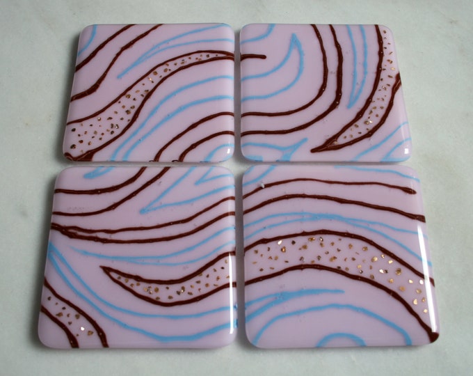 Set of 4 Fused art glass coasters 'Sparkling swirls'  Pale Pink base, Turquoise and Brown swirl lines with gold sparkles & a glossy top.