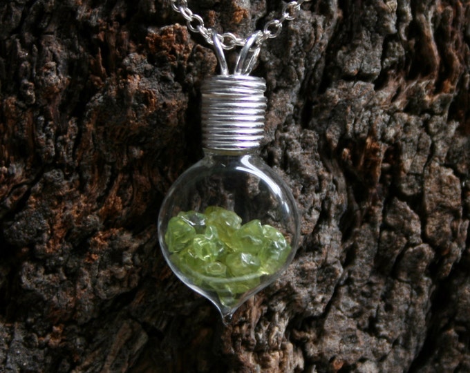 Healing Wishes  - Peridot ~ 'Make a Wish' Pendant ~ Hand blown glass & sterling silver pendant with Peridot. Wishing bottle. Healing stones