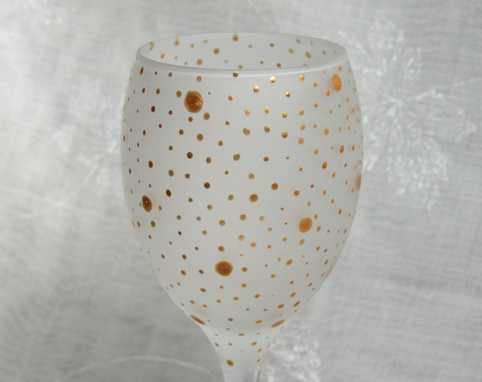Dotty about You! - Gold. Exclusive design, hand painted wine glass with metallic gold dots and spots encircling an etched bowl