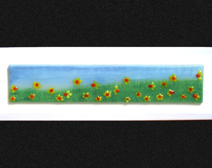 Fused glass painting 'Springtime' Hand painted Daffodil field with raised fused glass flowers, set on a white frame. 34x10cm (13.5x4")