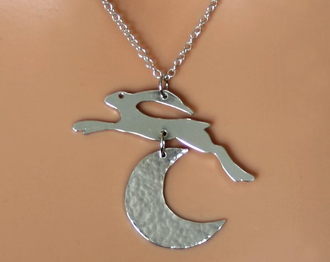 Leaping Hare and Crescent Moon Sterling Silver pendant. Exclusive design. Fully UK hallmarked Sterling Silver. Eco-friendly silver.