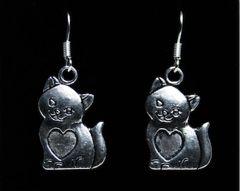 Handcrafted 'Love Cat' Earrings. Tibetan silver cute kitty cats on silver plated fish hook ear wires ~ with or without gift box.