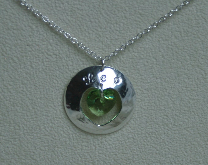 Handmade 'Birthday' pendant. August, Peridot, Birthstone, Birth sign, Zodiac, Leo. Sterling silver & Swarovski crystal heart pendant.