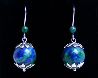 Handmade 'Terra Decorus' Chrysocolla and sterling silver earrings. Fish hook ear wires for pierced ears. Swirling blues and greens.