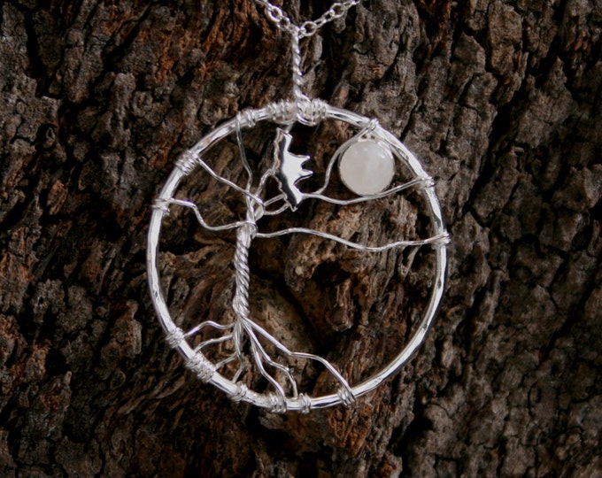 Tree of Life - Bat Moon Pendant. Sterling Silver & Moonstone. 'Forest friends' collection. Exclusive design. Eco friendly.