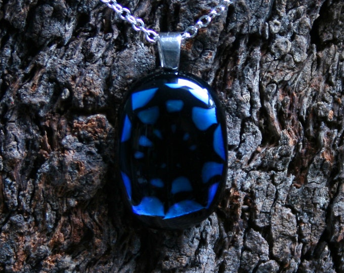 Handmade Unique Dichroic Fused Glass Pendant 'Blue Spiderweb' On a Sterling Silver 925 bail. (choose sterling silver or silver plated chain)