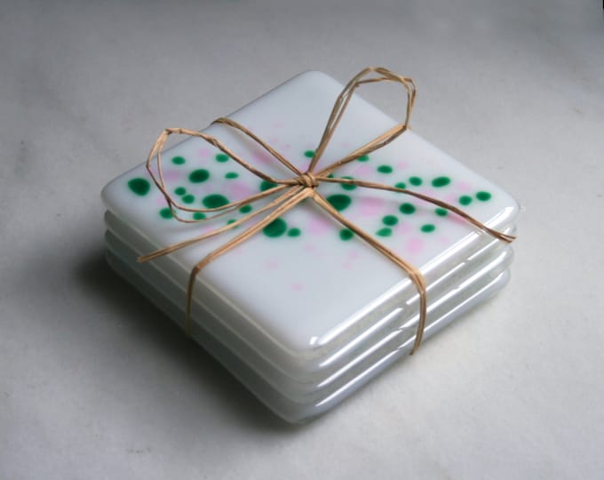Handmade fused art glass coasters. 'Cosmos - Blossom'  Pretty pink and dark green on a white base. Choose a pair or a set of 4.