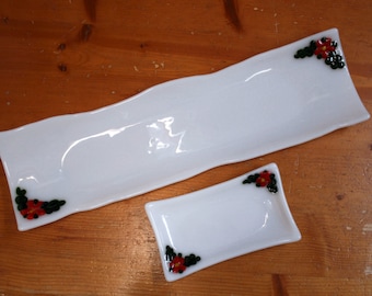 Fused glass baguette & butter serving set / dishes / plates. 'Flora in Red' With raised red flowers and green leaves on a white base