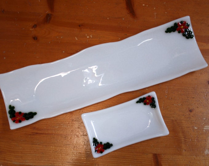 Fused glass baguette & butter serving set / dishes / plates. 'Flora in Red' With raised red flowers and green leaves on a white base