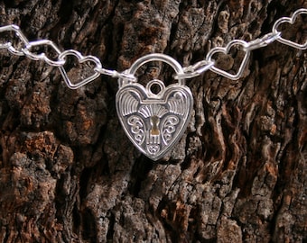 Sterling silver Slave bracelet BDSM bracelet. Choose plain or Fancy padlock. Heart shape chain links with a heart shape padlock.