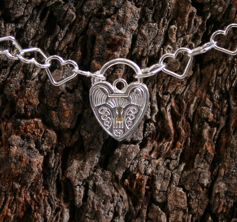 Sterling silver Slave bracelet BDSM bracelet. Choose plain or Fancy padlock. Heart shape chain links with a heart shape padlock. image 1