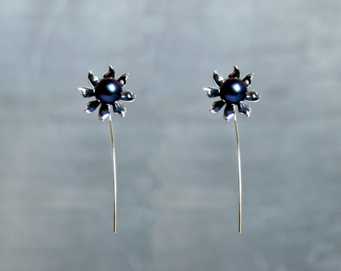 Handmade 'Ma Petite Fleur' earrings. Traditionally hand made sterling silver flower earrings with black pearls, stud style with stem