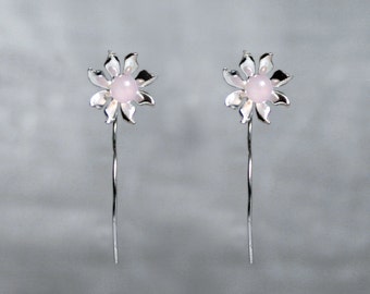 Handmade 'Ma Petite Fleur' earrings. Traditionally hand made sterling silver gemstone flower earrings with Rose Quartz, stud style with stem