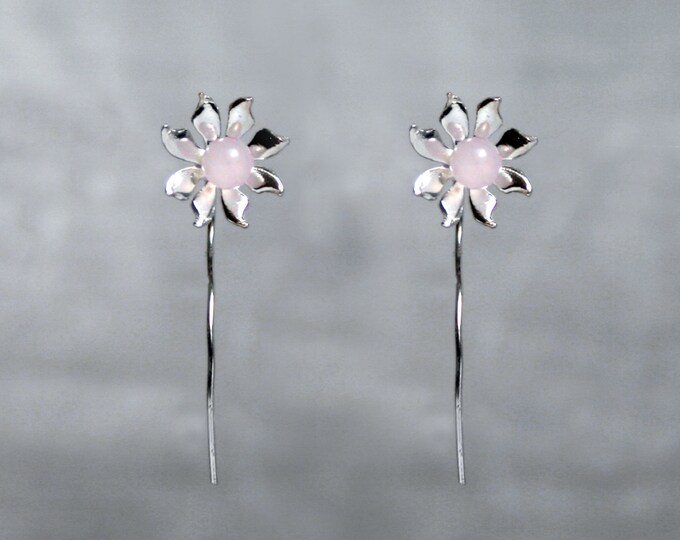 Handmade 'Ma Petite Fleur' earrings. Traditionally hand made sterling silver gemstone flower earrings with Rose Quartz, stud style with stem