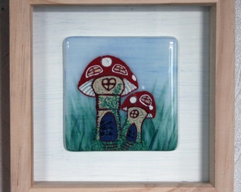 Shroom House - Framed Kiln Fused art glass painting. Fairy Toadstool House. Natural wood frame. Glass wall art. 19 x 19cm (7.5 x 7.5")