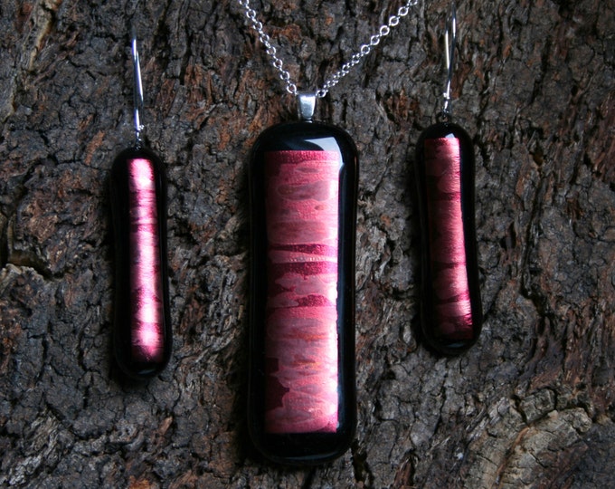 Handmade Unique Dichroic Fused Glass boxed gift set 'Cherry dreams' Set on a Sterling Silver 925 bail, chain and handmade ear wires.