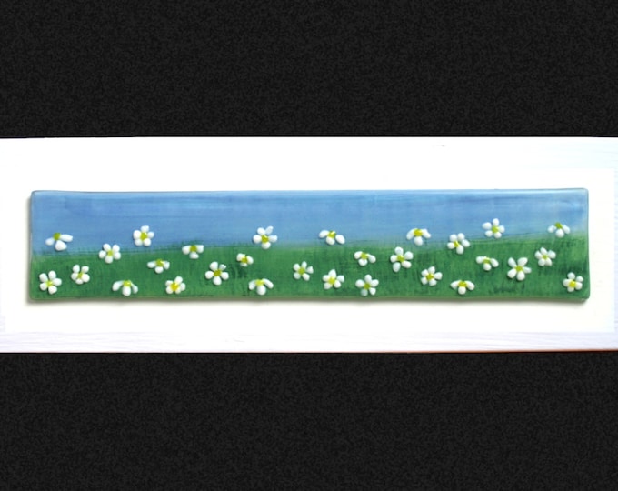 Fused glass painting 'Daisy' Hand painted Daisy field with raised fused glass flowers, set on a white frame. 34x10cm (13.5x4")