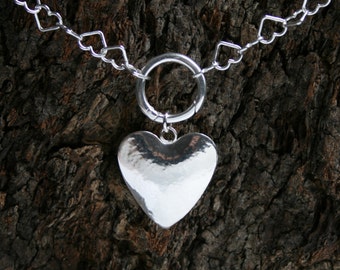 Discrete PERMANENTLY LOCKING Heart chain O ring Day Collar / Slave Necklace. Sterling silver. Give her your Heart! Can be personalized.