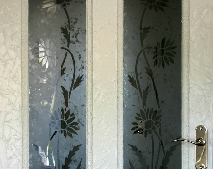 Original design 'Daisy' Acid etched glass door panels. Matching pair for panelled doors. Clear design on exclusive 'mottled' background