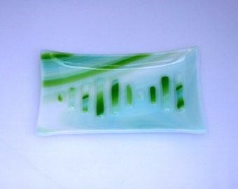 Forest Swirl (D#3) - A unique, hand made, fused glass, retro style, soap dish in swirling green hues.
