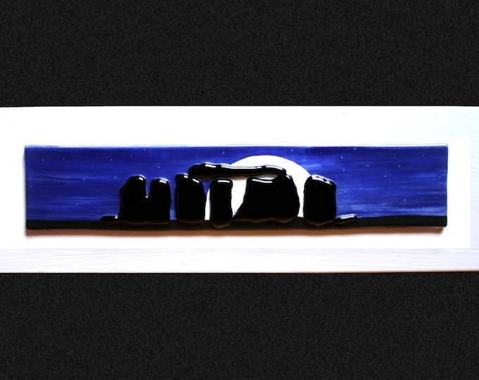 Stonehenge Moonrise #2 Fused glass painting ~ raised stones on a hand painted night sky base, set on a white frame. 34 x 10cm (13.5 x 4")