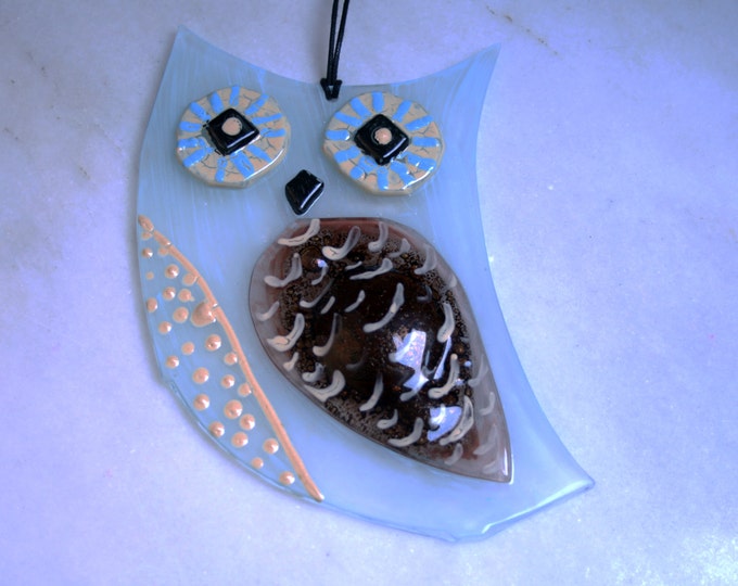 OOAK Hand painted, fused glass hanging ornament. 'Owlet - rustique in baby blue'  Cute baby owl. 3D fused glass owl. Pale blue & brown owl.