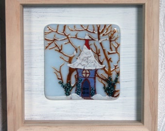 Fae Cottage - Framed Kiln Fused art glass painting. Fairy House in the woods. Natural wood frame. Glass wall art. 19 x 19cm (7.5 x 7.5")