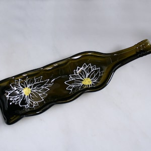 Decorative 3 candle plate &#39;Daisy&#39; ~ Hand painted, Eco-friendly, recycled melted wine bottle. Condiment / dip / serving dish. Slumped bottle.