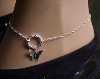 PERMANENTLY LOCKING Butterfly Fancy 'O' ring Slave Ankle Infinity Chain Bracelet / Sterling BDSM Anklet. Infinity / Eternity / Captive ring.