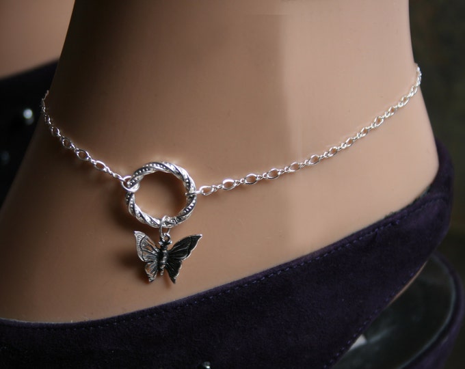 Butterfly dropper FANCY 'O' ring Slave Ankle Infinity Chain Bracelet/Sterling BDSM Anklet. Infinity / Eternity / Story of 'O' / Captive ring