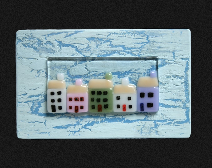 Fused glass 'Quinary' Wall art / painting. 'Cornish Cottages' series. A row of pretty pastel cottages set on a Blue & white 'crackle' frame