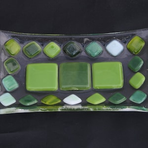 Sunlit Forest (D2), mosaic series, fused glass soap / trinket / sushi dish in a range of greens on a clear base. Bathroom/ Kitchen/ Bedroom