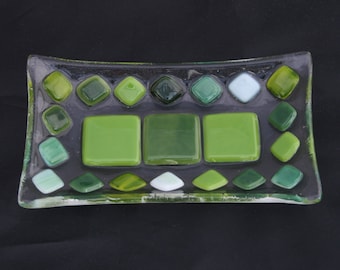Sunlit Forest (D2), mosaic series, fused glass soap / trinket / sushi dish in a range of greens on a clear base. Bathroom/ Kitchen/ Bedroom