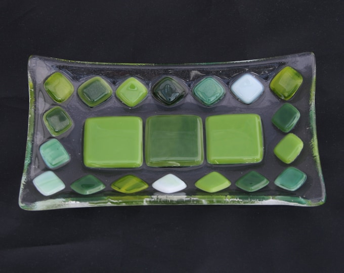 Sunlit Forest (D2), mosaic series, fused glass soap / trinket / sushi dish in a range of greens on a clear base. Bathroom/ Kitchen/ Bedroom