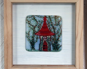 Fae Cottage - Framed Kiln Fused art glass painting. Fairy House in the woods. Natural wood frame. Glass wall art. 19 x 19cm (7.5 x 7.5")