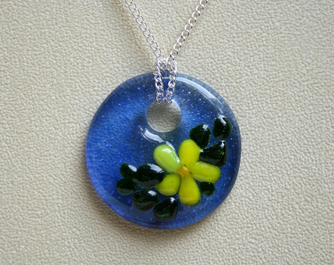 Fused glass 'Flora' pendant. Yellow flower on a transparent blue glass pendant (choose sterling silver or silver plated chain) Romantic gift