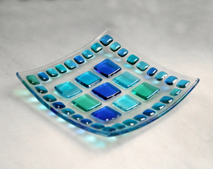 Summer Seas (D2), mosaic series, fused glass trinket / sushi  plate in a range of blues. Bathroom / Kitchen / Bedroom - 14.5x14.5 cm square