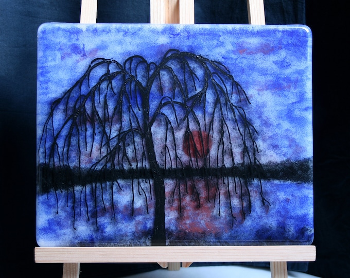 Winter Willow - Hand painted Kiln Fused art glass 3D painting. Glass art / panel.  One of a kind painted glass panel. Blue & red sunset.