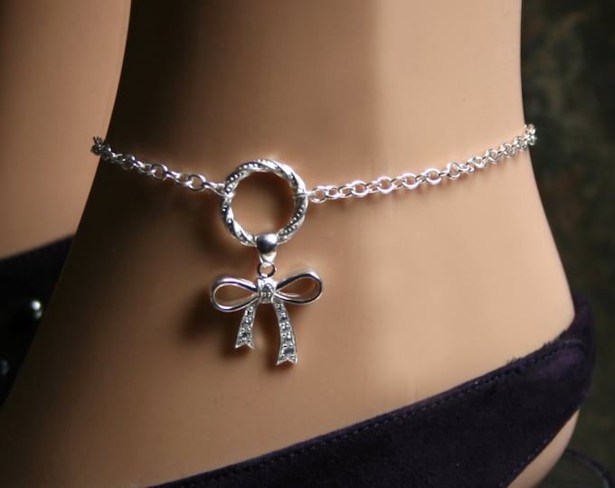 CZ Bow dropper Fancy 'O' ring Slave Ankle Chain Bracelet. BDSM Anklet. Sterling silver. Infinity / Eternity ring. Baby girl bow. DD/lg .