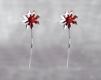 Handmade 'Ma Petite Fleur' earrings. Traditionally hand made sterling silver gemstone flower earrings with goldstone, stud style with stem.