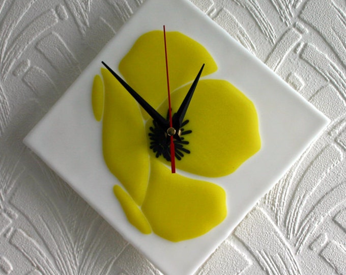 Icelandic Yellow Poppy - Exclusive design, kiln fused art glass wall clock. Yellow Poppy. Welsh Poppy. Yellow flower clock. Floral clock.