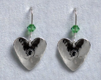 Handmade 'Birthday' earrings. August, Peridot, Birthstone, Birth sign, Zodiac, Leo. Sterling silver & Swarovski crystal heart earrings