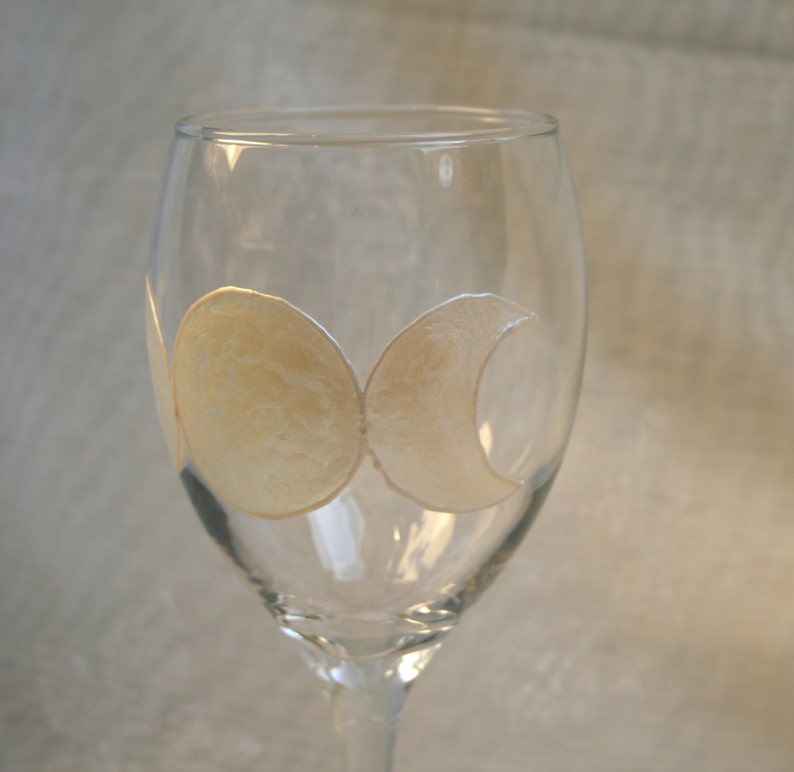 Triple Goddess. Hand painted, wine glass featuring the three phases of the moon & around the base the words 'Blessed be' and pentacles. image 5