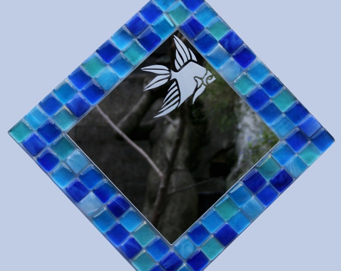 Summer Seas, mosaic series, fused glass Angelfish mirrors in a range of transparent and iridescent blues, fused onto a clear base