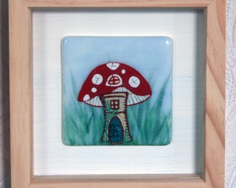 Shroom House - Framed Kiln Fused art glass painting. Fairy Toadstool House. Natural wood frame. Glass wall art. 19 x 19cm (7.5 x 7.5")