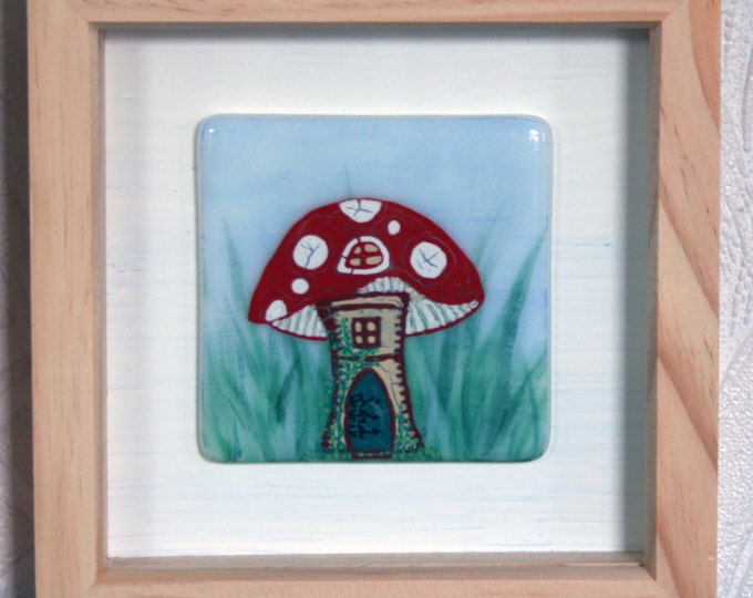 Shroom House - Framed Kiln Fused art glass painting. Fairy Toadstool House. Natural wood frame. Glass wall art. 19 x 19cm (7.5 x 7.5")