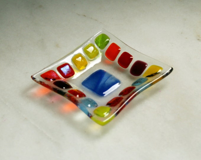 Bejewelled (D2), mosaic series, fused glass ring dish / earring dish in a range of vibrant hues. Red/Yellow/Orange/Green/Blue.