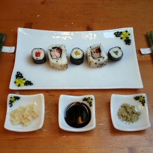 Fused glass Sushi set &#39;Flora in Yellow&#39; 6 or 8 piece large serving set (2 or 4 person set) With yellow flowers & green leaves set on white.