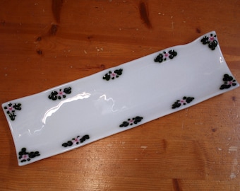 Fused glass long trinket / sushi / serving / baguette dish 'Flora XF Pink' Raised pink flowers and sparkly green leaves on a white base